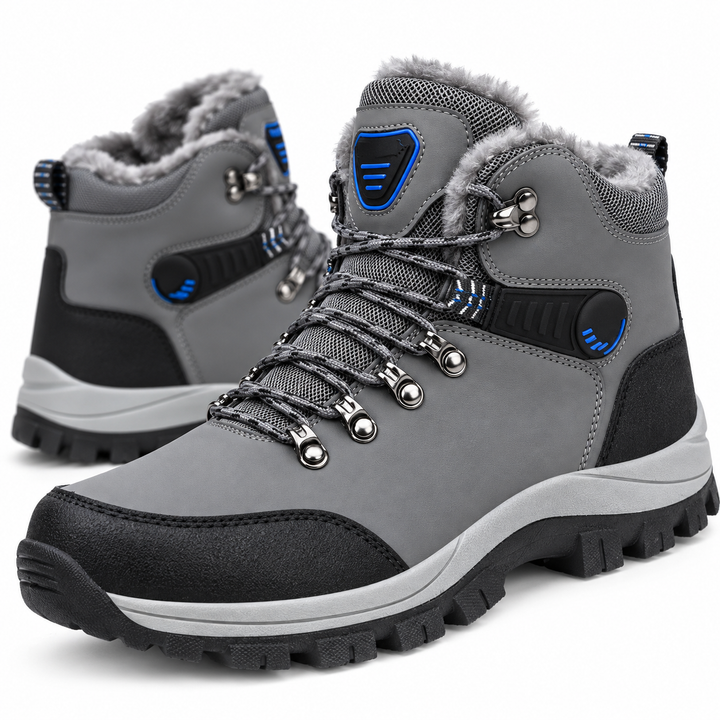 Close-up of grey plush winter snow boots with lining, lace hardware and rugged outsole