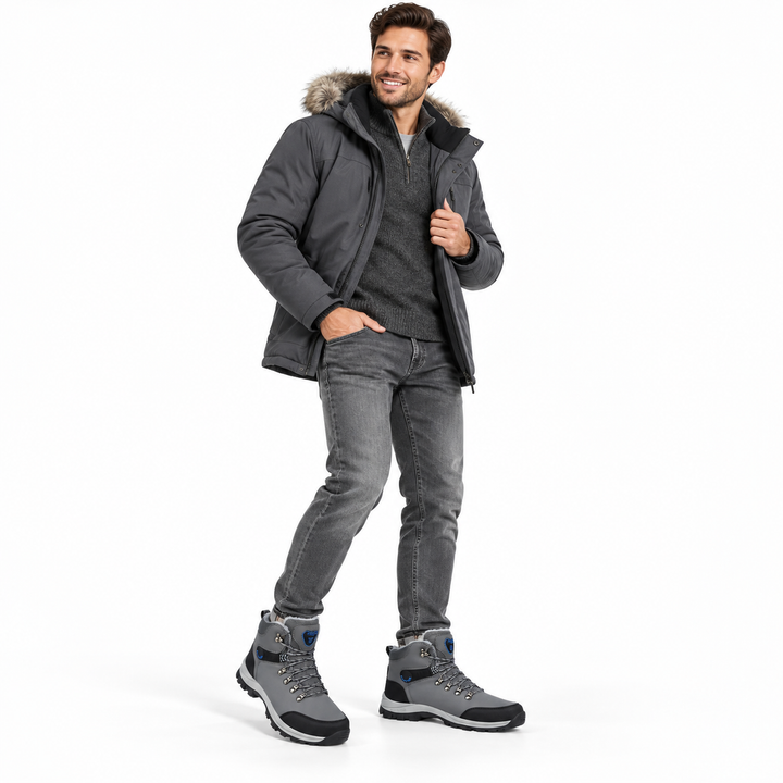 Men wearing grey plush winter snow boots on a clean white studio background