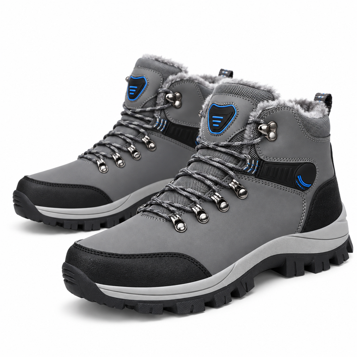 Grey plush winter snow boots shown as a clean product pair on white background