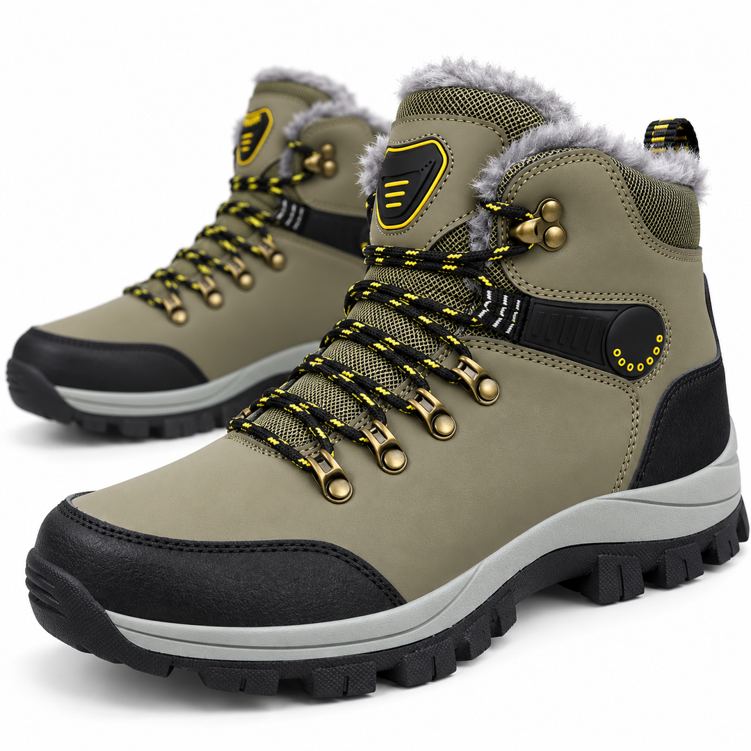 Close-up of khaki plush winter snow boots with metal lace hooks and rugged outsole