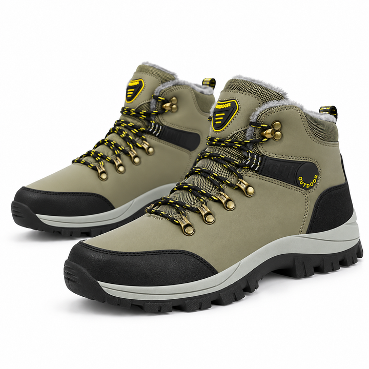 Khaki plush winter snow boots with yellow accents shown as a product pair on white