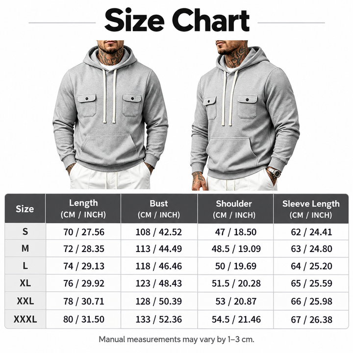 Size chart showing hoodie measurements for sizes S through 3XL