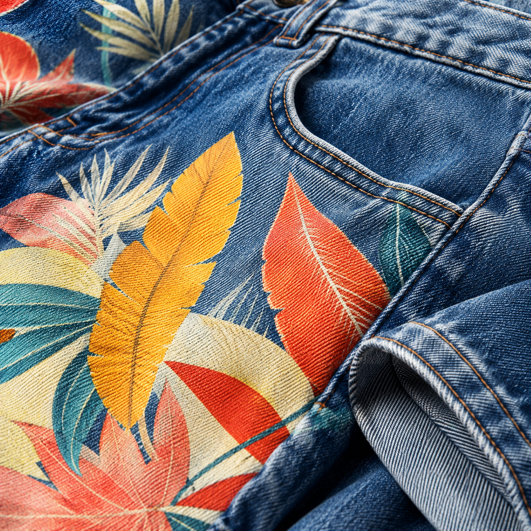 Close-up denim texture and colorful botanical print detail