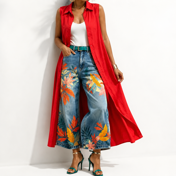 Wide-leg cropped denim product hero showing retro printed design and cropped silhouette on a light background product detail.