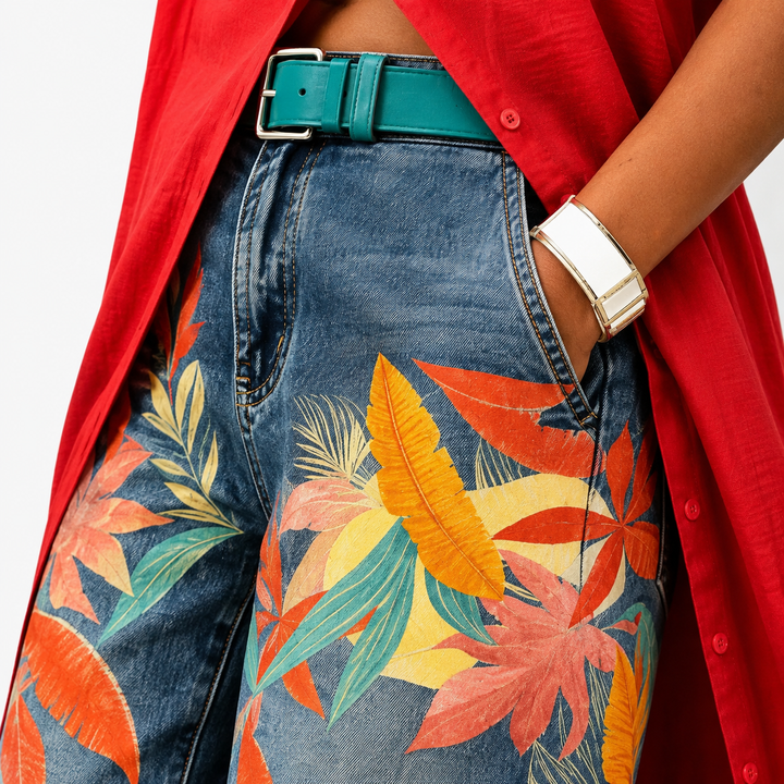 Waistband and pocket detail on printed mid-rise denim capri pants