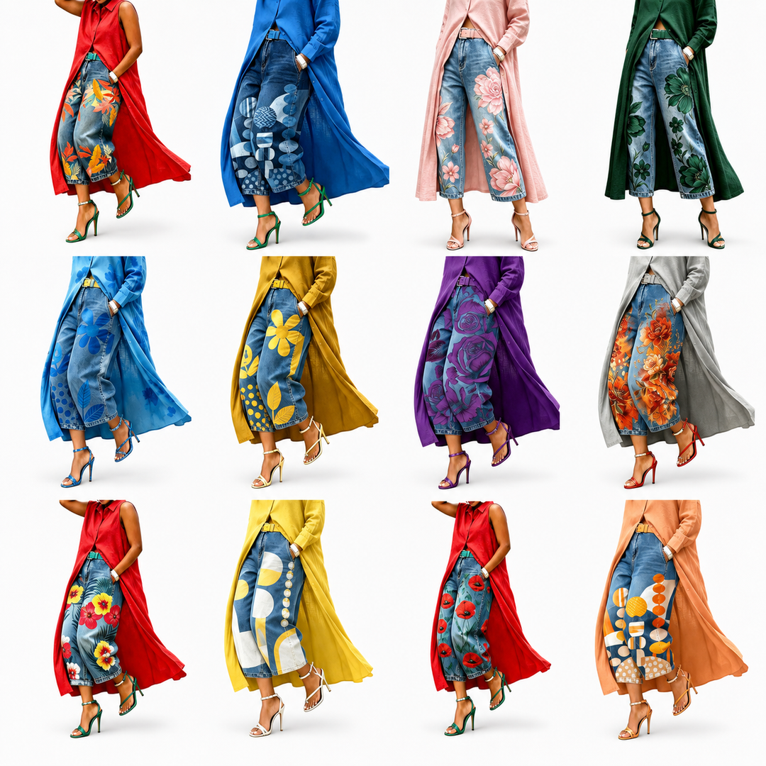 Available printed denim capri pants variants in a clean Shopify overview
