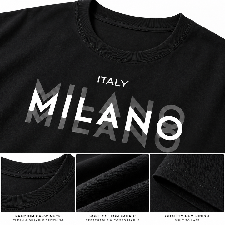 Close-up detail of the black Milano cotton T-shirt print, collar, fabric and stitching.