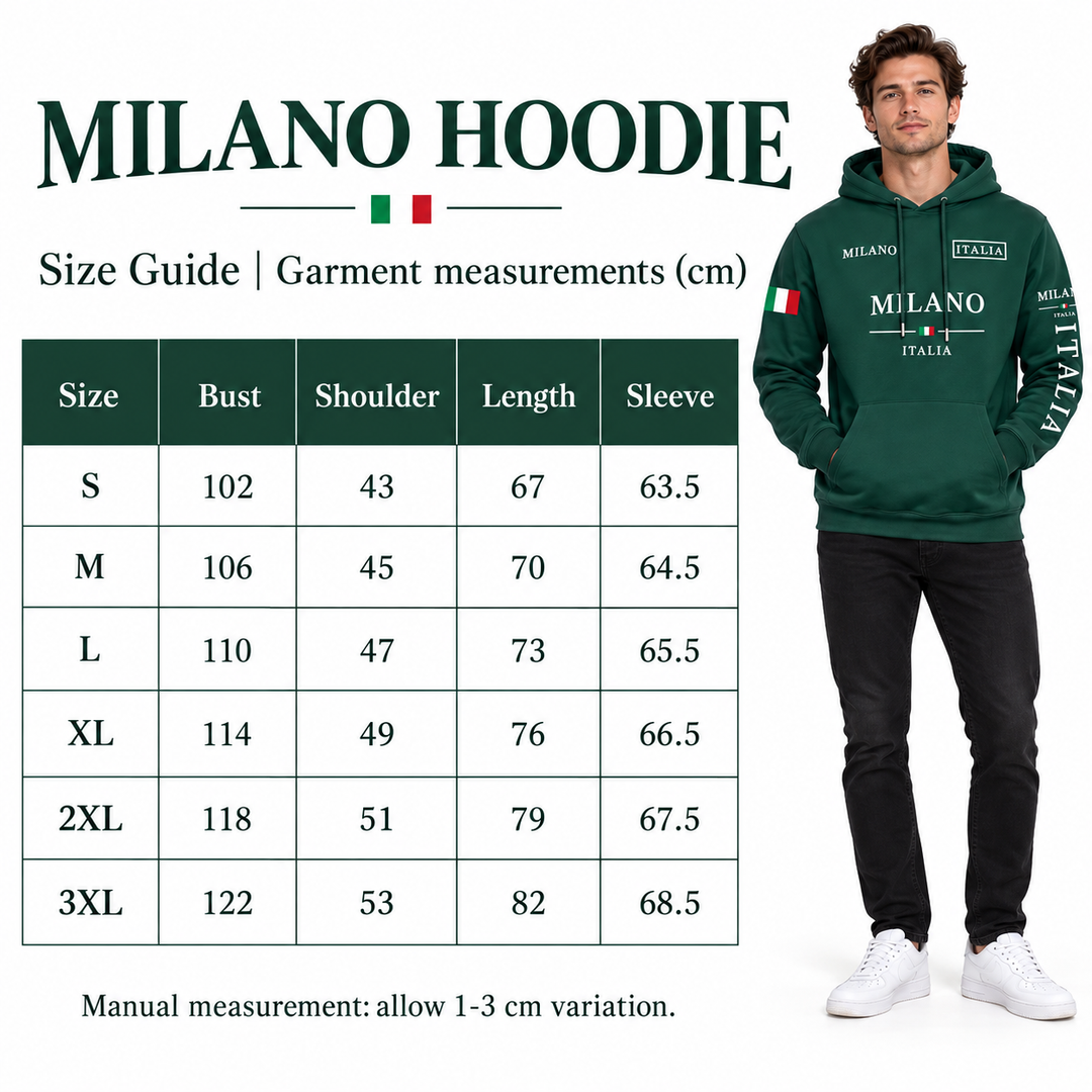 Milano hoodie size chart for S to 3XL with bust, shoulder, length and sleeve measurements in cm