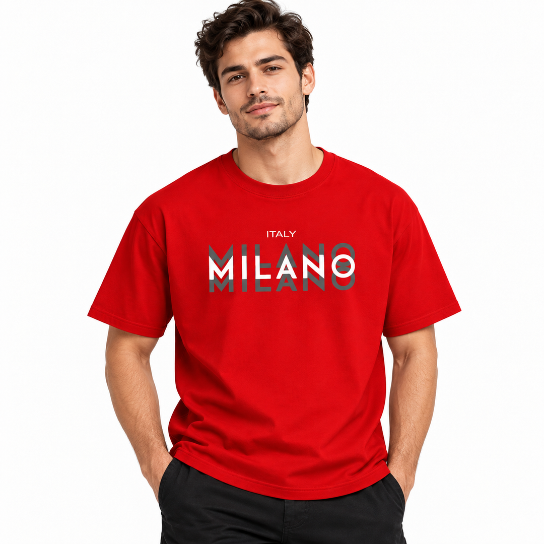 Male model wearing the red Milano cotton T-shirt on a white studio background.