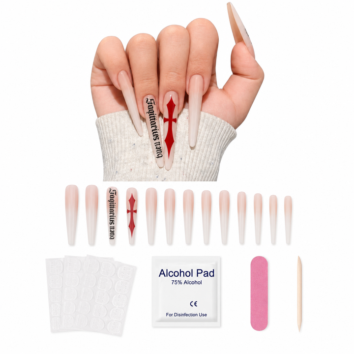 Full nail toolkit with jelly glue alcohol cotton, rubbing strip and wood stick shown beside the milk white cross nail design.