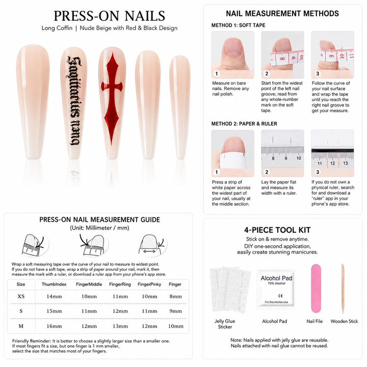 Measurement guide for milk white cross press on nails showing how to compare nail width before choosing XS, S or M size view.