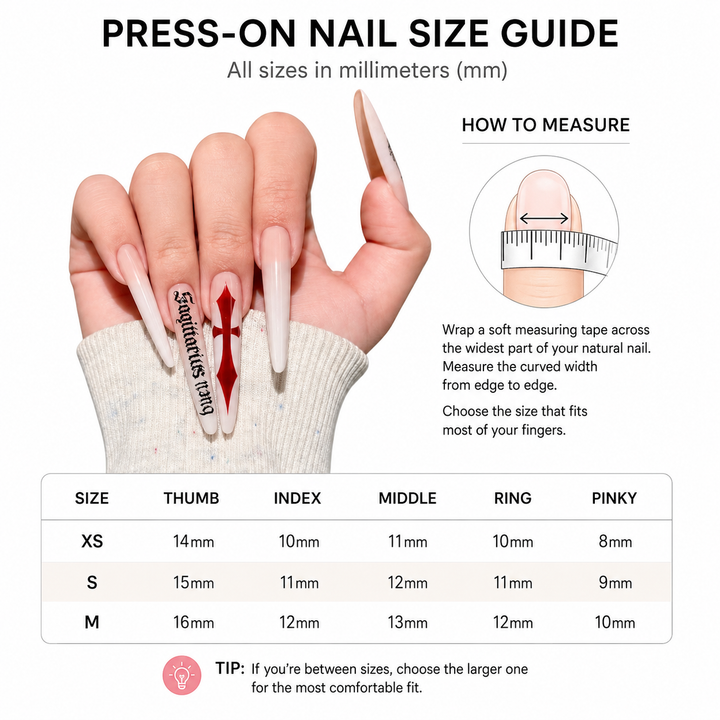 Size guide for milk white cross press on nails with XS, S and M options shown beside the nail design for easy size selection.