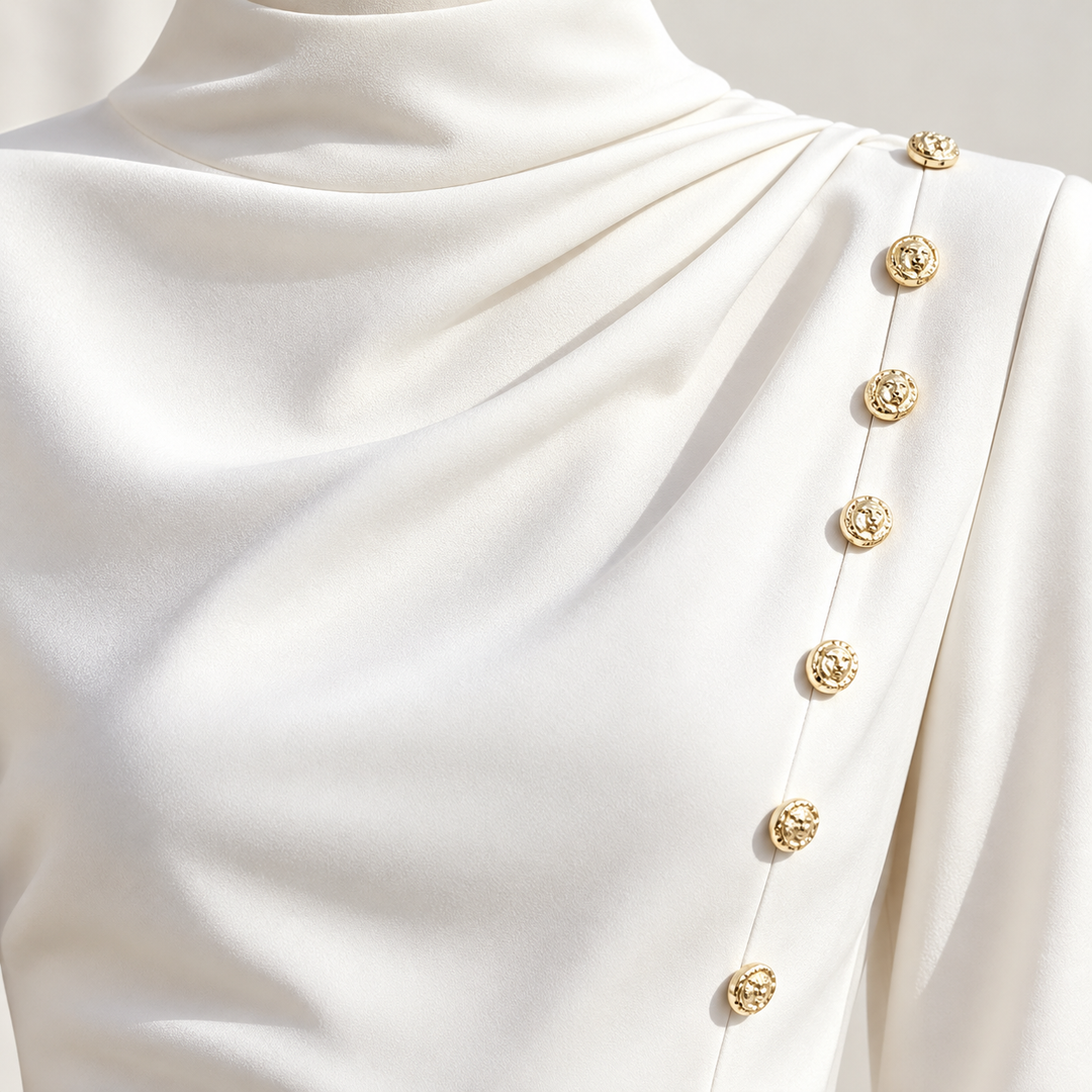 Close-up of the white dress decorative buttons and ruching