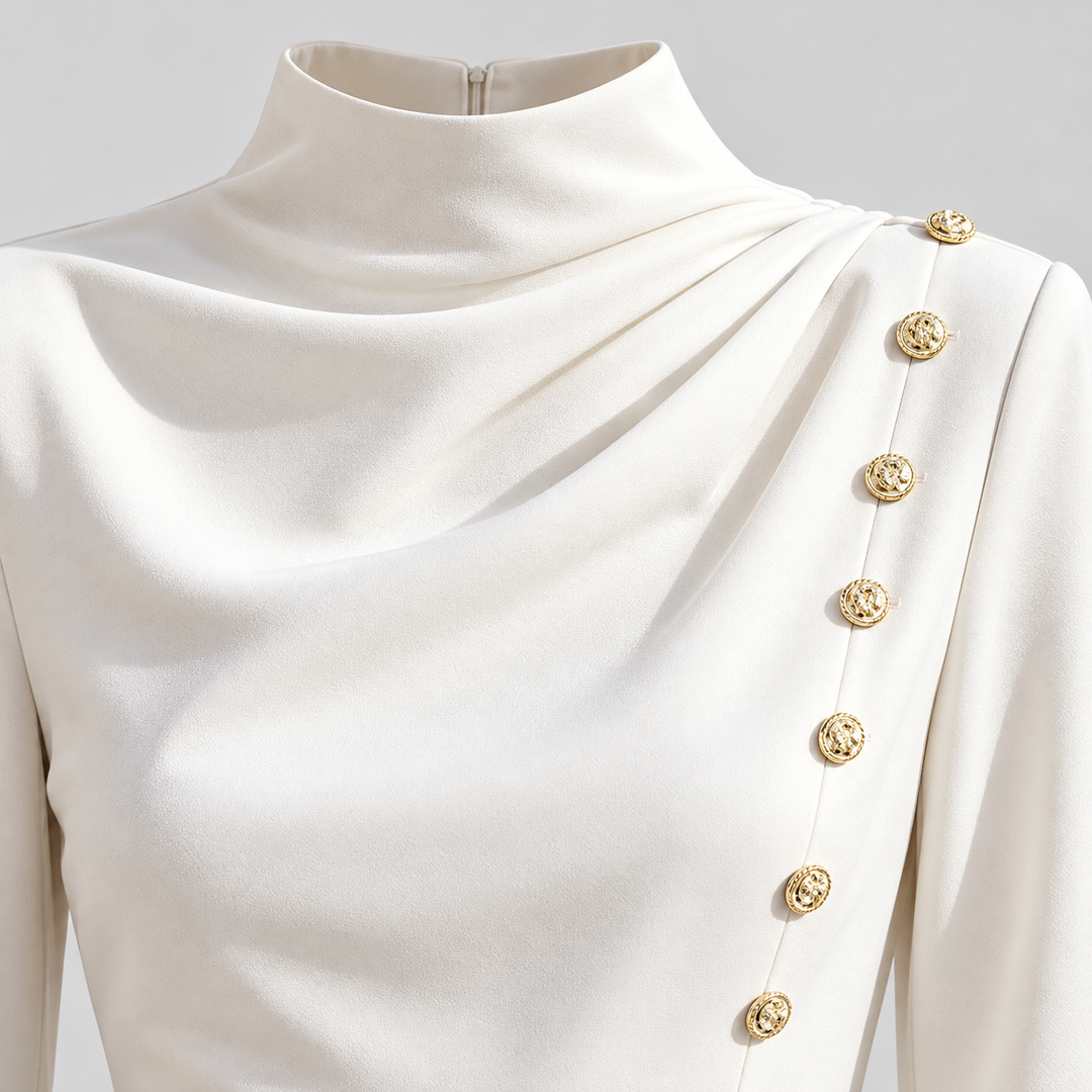 Close-up of the white dress mock neckline and shoulder