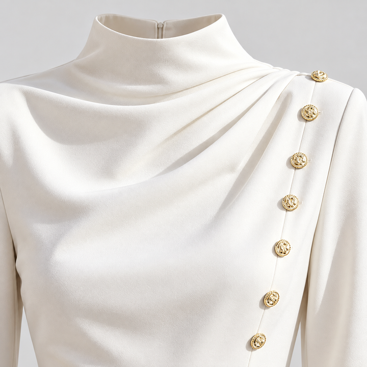 Close-up of the white dress mock neckline and shoulder