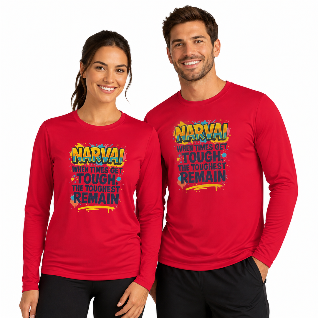 White motivational long sleeve tees on woman and man together with colorful quote print on a clean white studio background