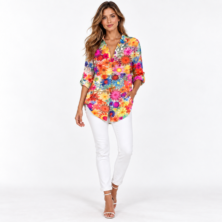 Multicolor floral shirt alternate catalog pose styled with white pants