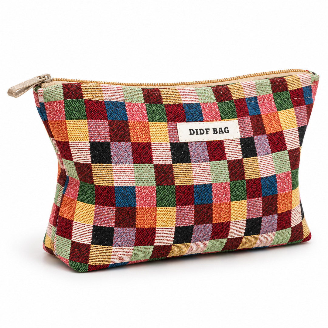 Multicolor Plaid makeup organizer in a three-quarter studio view showing the pouch shape and zipper line.