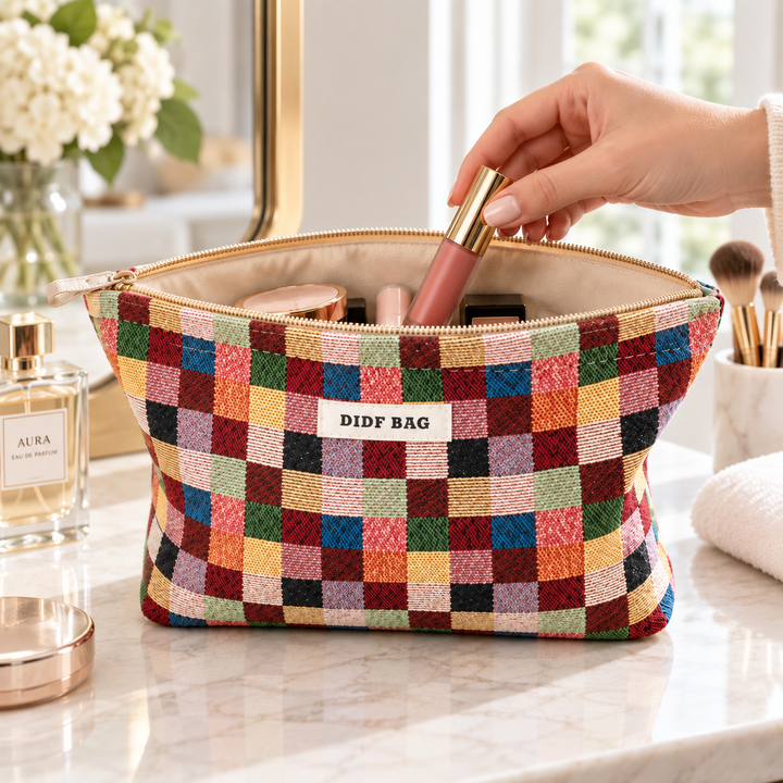 Multicolor Plaid makeup bag open on a vanity while a lipstick is placed inside for everyday cosmetic storage.