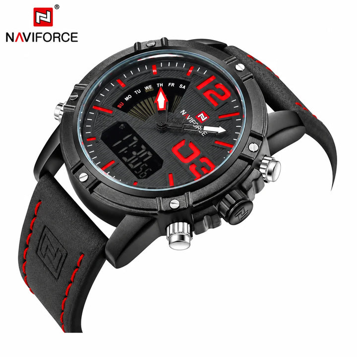 NAVIFORCE NF9095 black leather strap watch with red numerals and stitching, shown at an angle against a white photo backdrop.