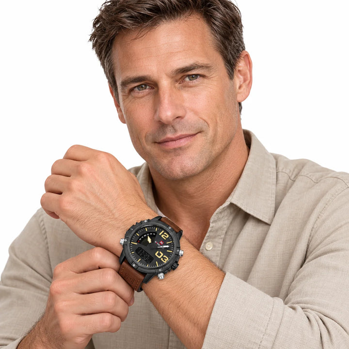 Adult male model in beige shirt wearing the brown leather strap watch with gold-tone dial accents against a white background.