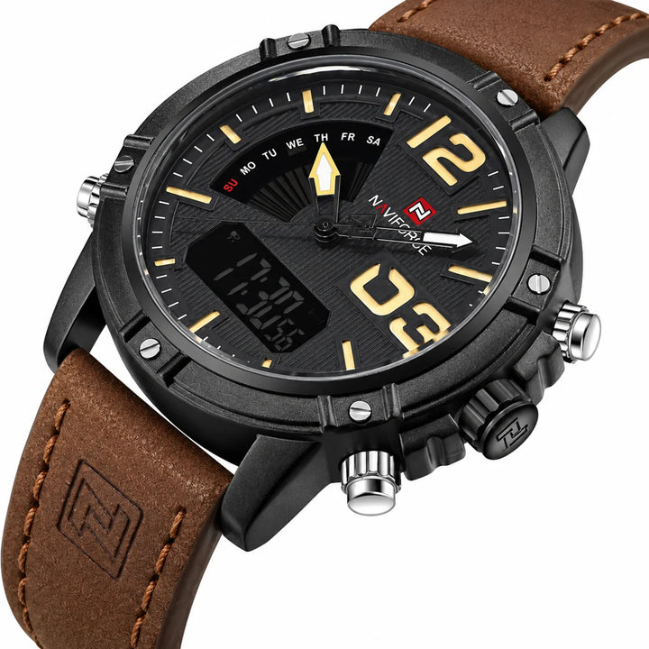 Brown leather strap and gold-tone dial detail on white showing the embossed emblem, stitched edges, analog hands and buttons.