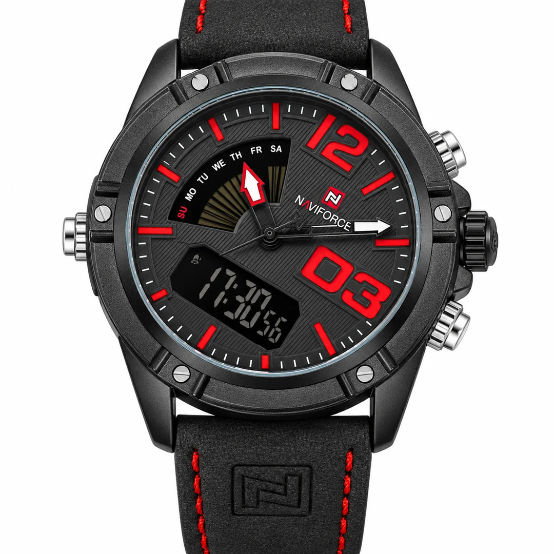 Frontal view of the black and red watch on white, showing the weekday fan, analog hands, digital display and strap stitching.