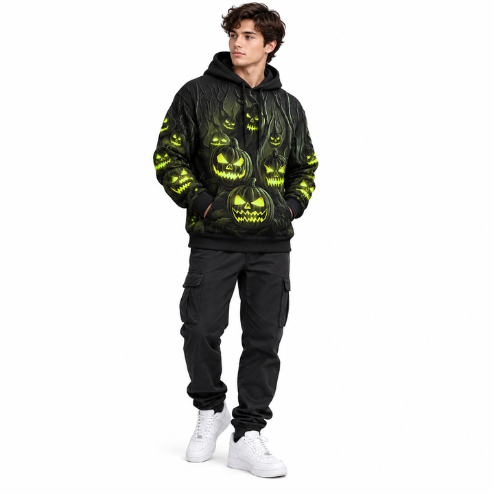 Neon green pumpkin forest hoodie on full-body model in three-quarter view