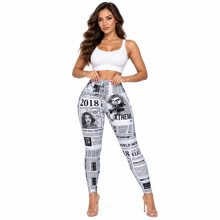 Newspaper print leggings in White, full-body back view