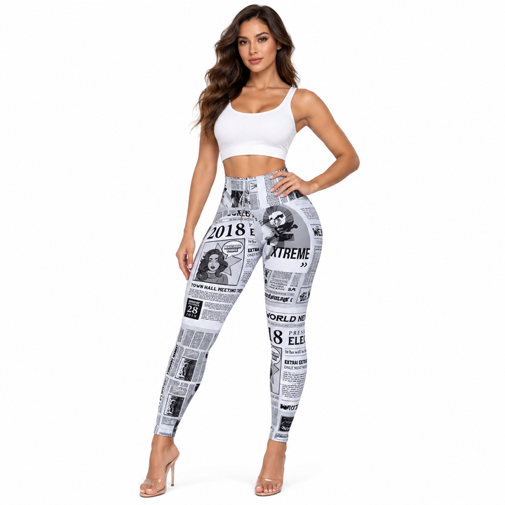 Newspaper print leggings in White with high waist, full-body front view