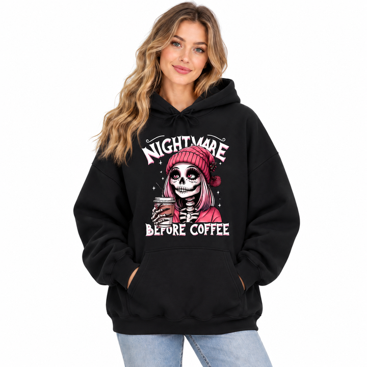 Nightmare Before Coffee black hoodie on model