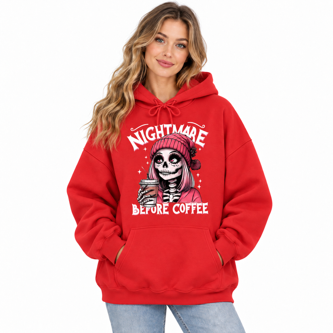 Nightmare Before Coffee red hoodie on model