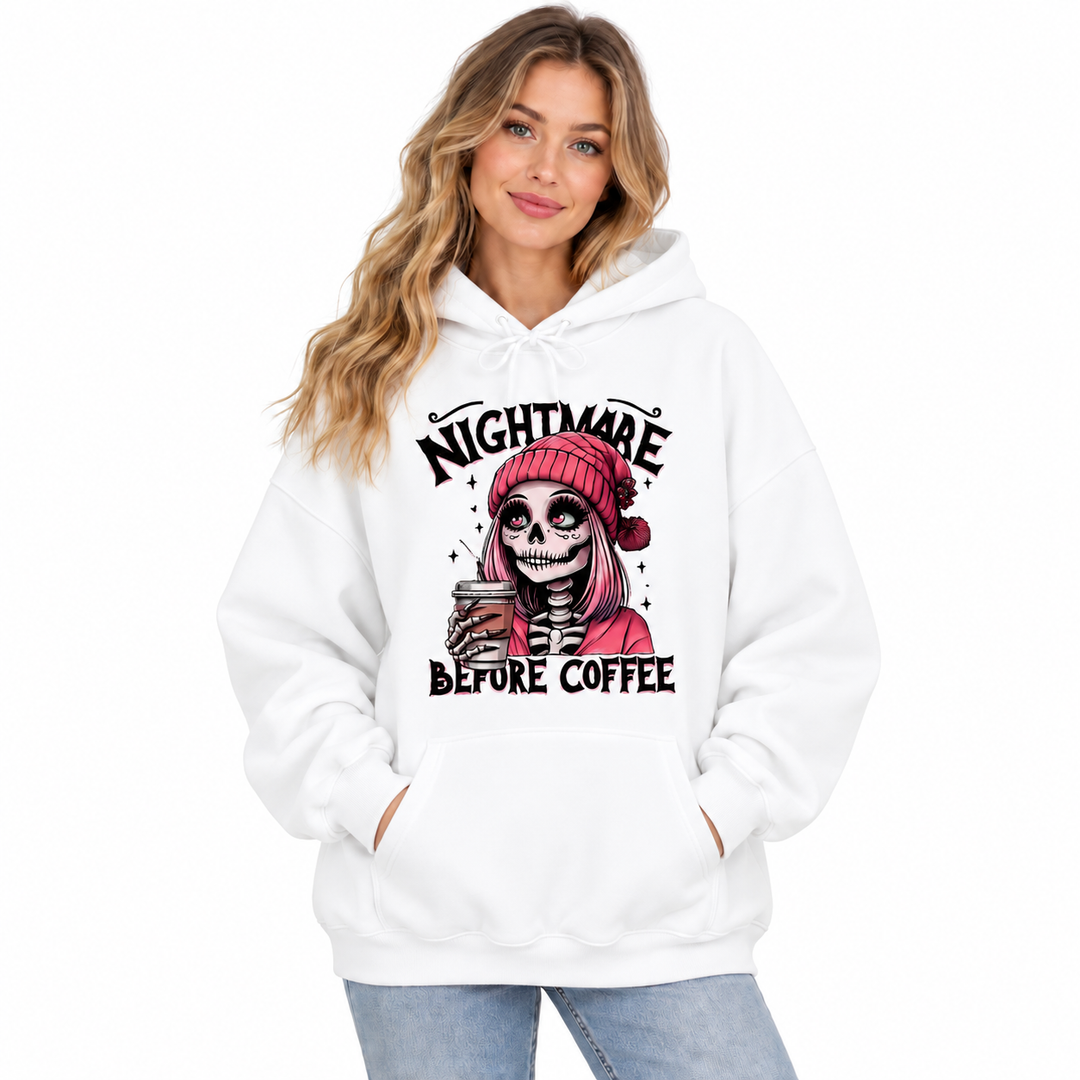 Nightmare Before Coffee white hoodie on model