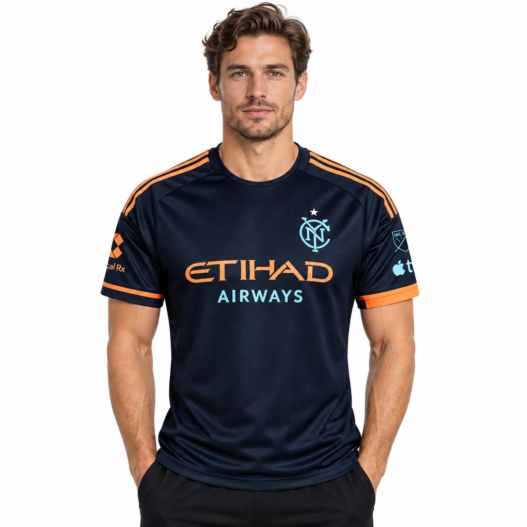 NYCFC jersey navy orange variant shown on male model