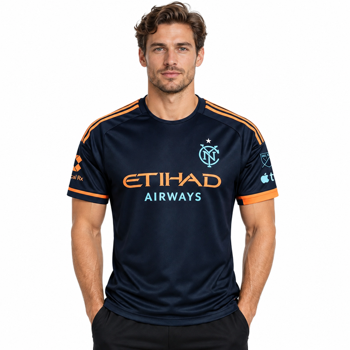 NYCFC jersey navy orange variant shown on male model