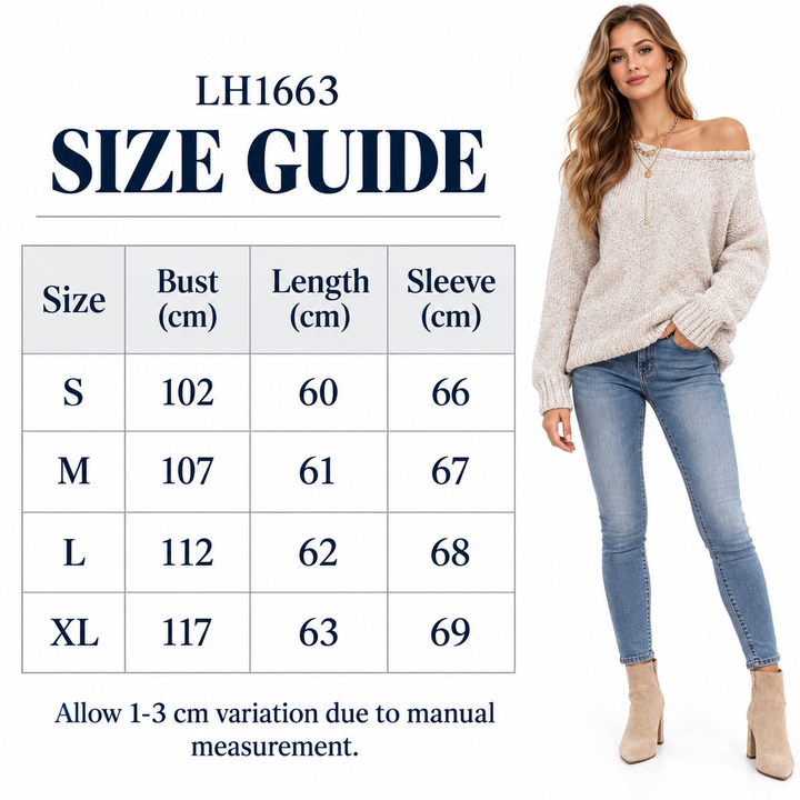 Photograph of off shoulder sweater supplier size guide, with the garment clearly visible, on a clean white studio background.