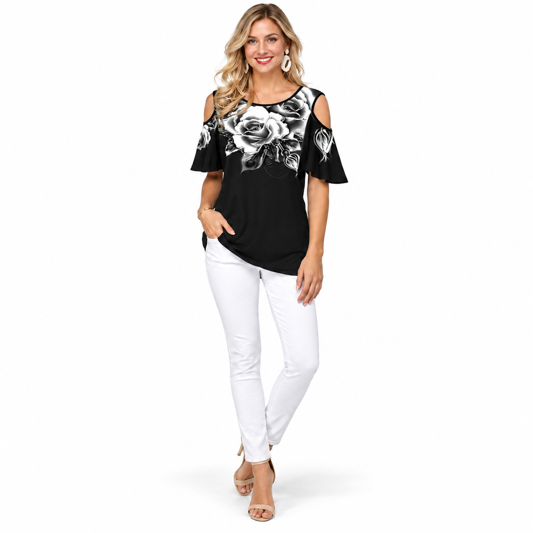 Black and white floral off shoulder printed top variant view