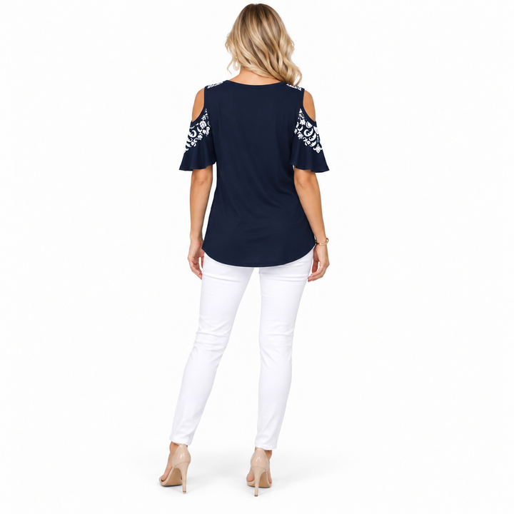 Navy and white off shoulder printed top back view