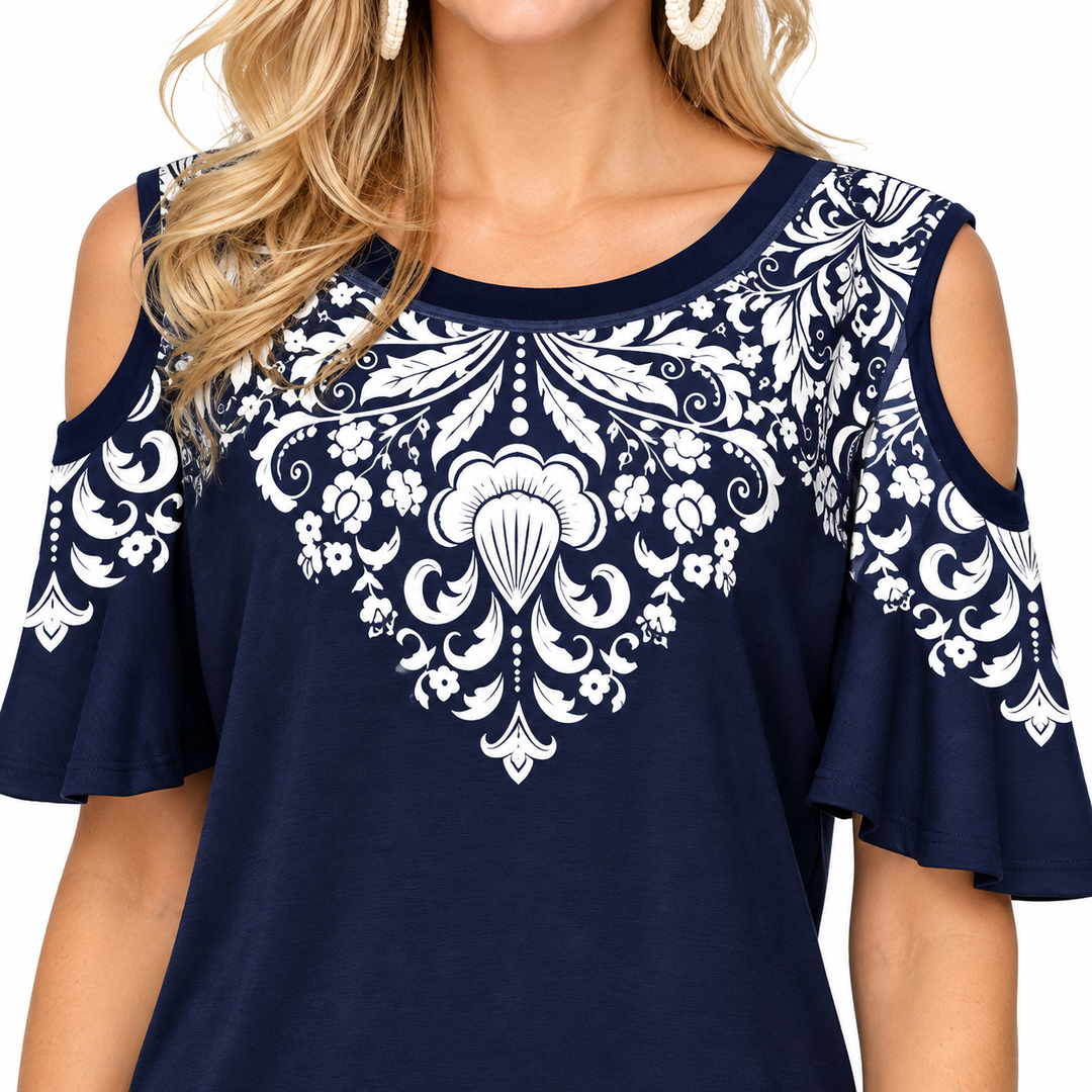 Navy and white off shoulder top print and cold shoulder detail