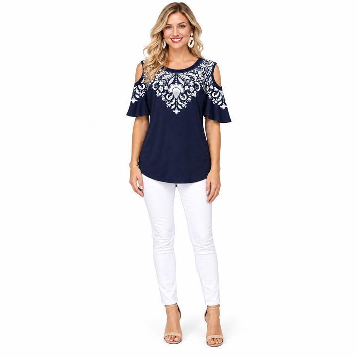 Navy and white off shoulder printed top front view