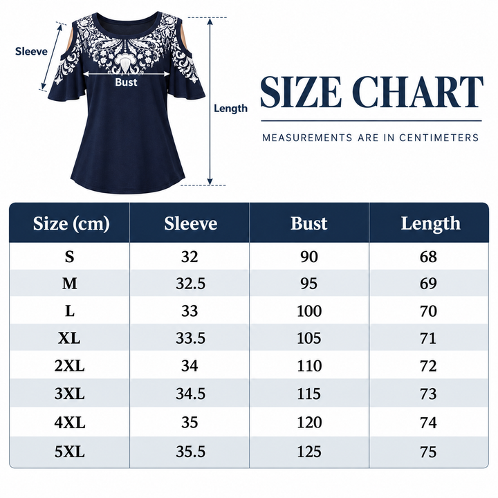 Off shoulder printed top size chart for S to 5XL