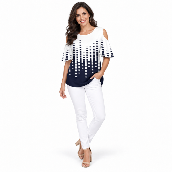 White and navy off shoulder printed top on a full-length model
