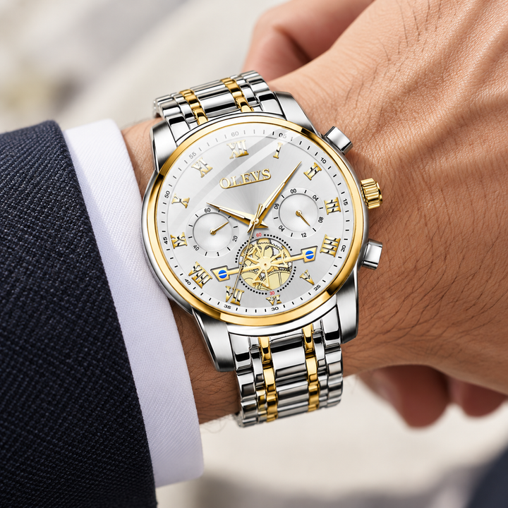 OLEVS gold tone watch with gold dial in angled view