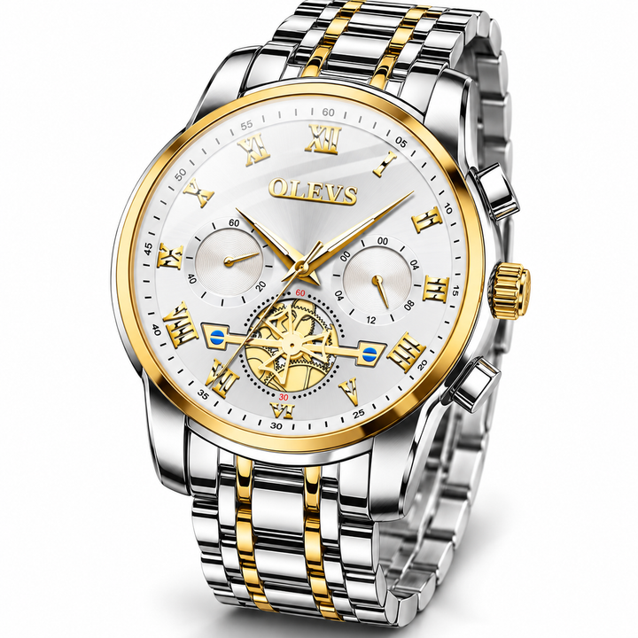OLEVS two tone stainless steel watch with white dial, front view