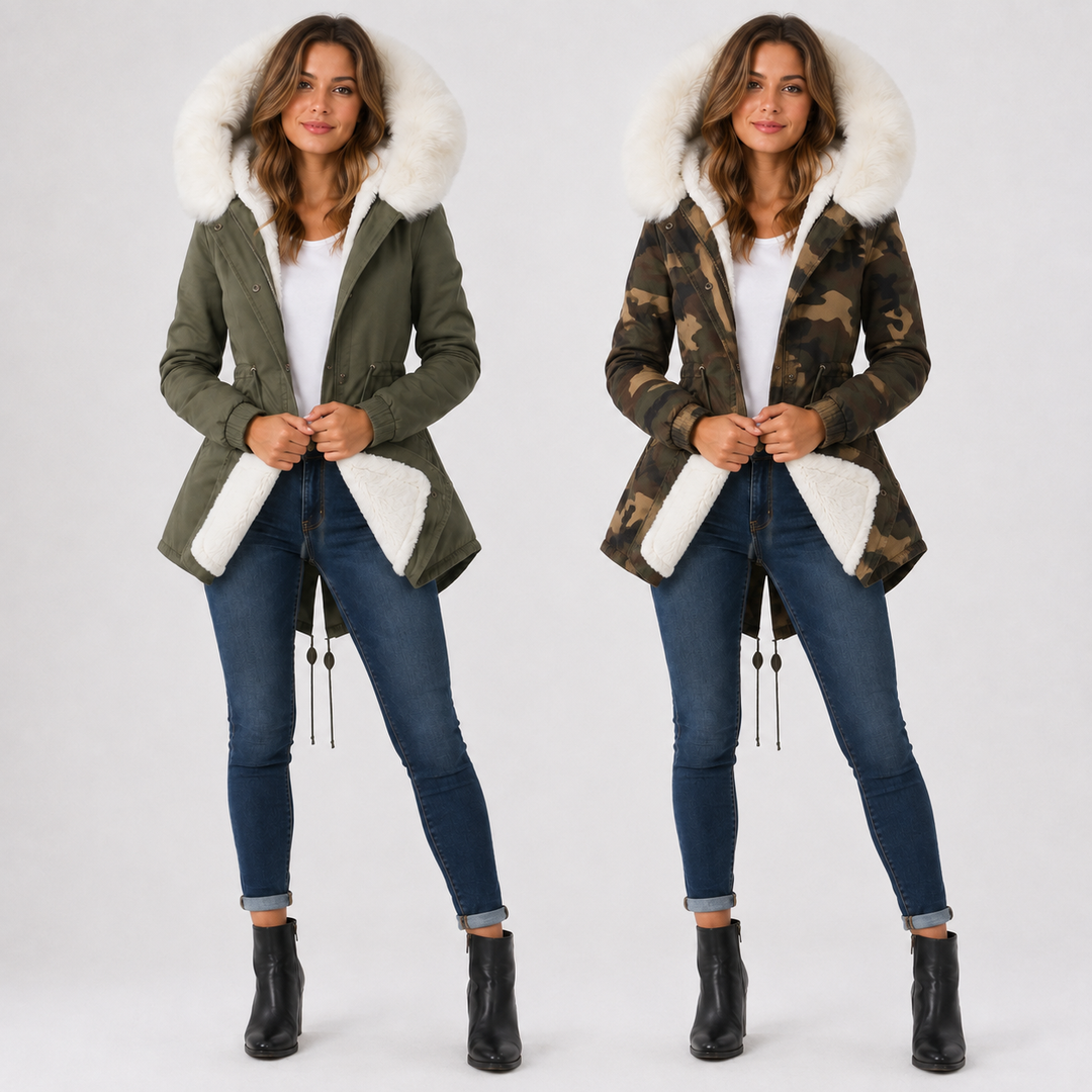Olive green and camouflage coat variants side by side on female models with white hood trim, sleeves, and curved hem styling.