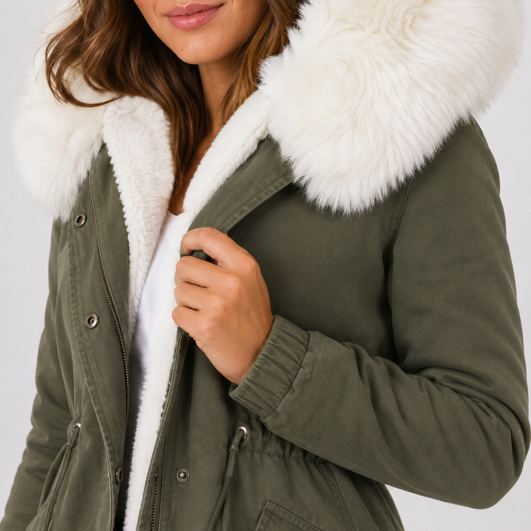 Olive green coat close-up showing white hood trim, plush lining, front snaps, visible seams and waist drawstring detail view.