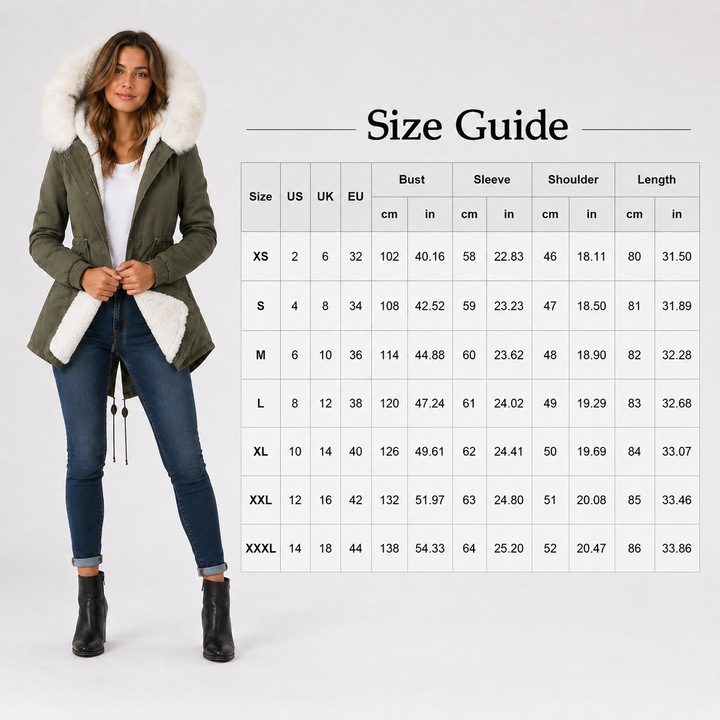 Olive green coat size guide with female model and measurements for S through 3XL including bust, sleeve, shoulder and length.