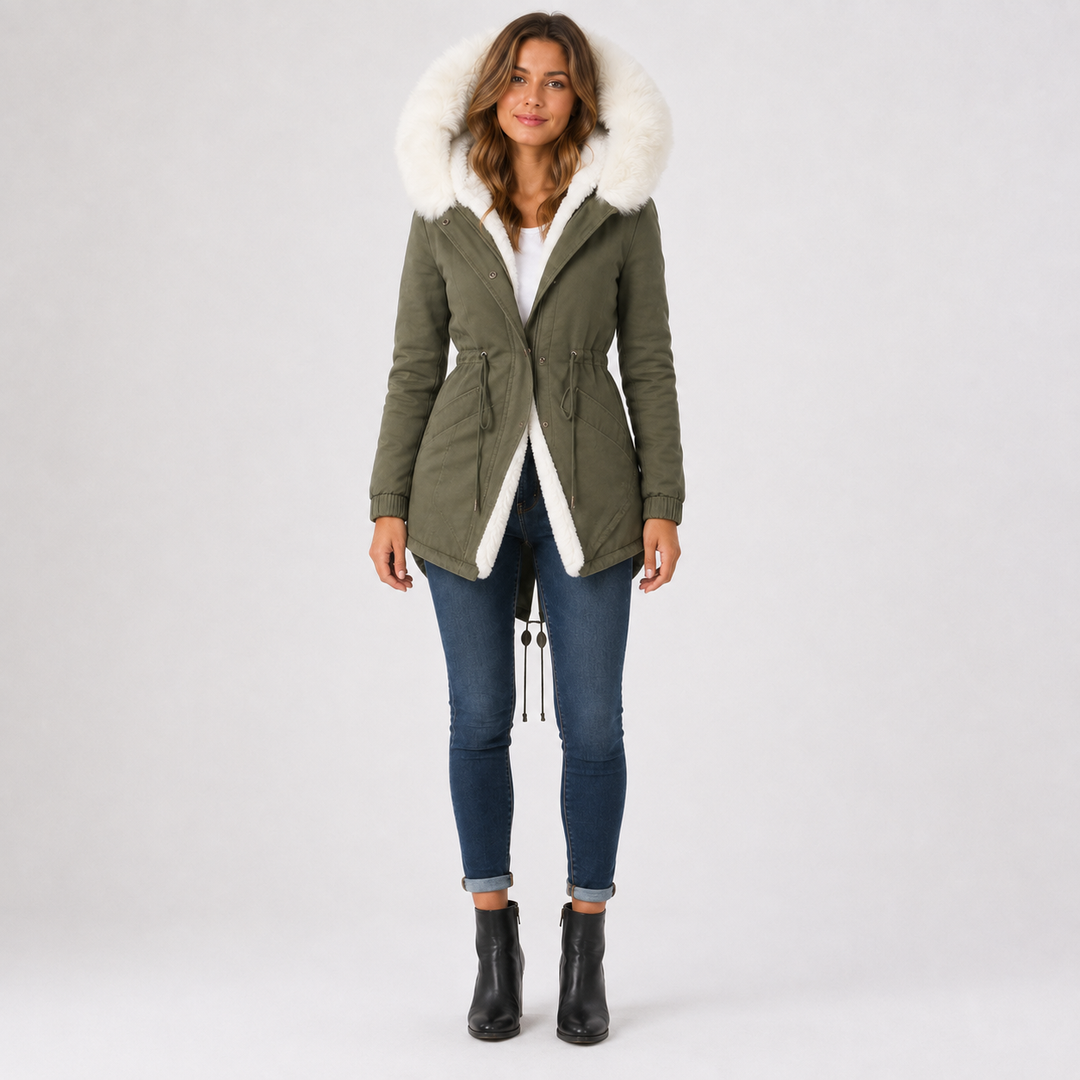 Olive green hooded coat front view on a female model showing white collar trim, long sleeves, waist drawstring and curved hem