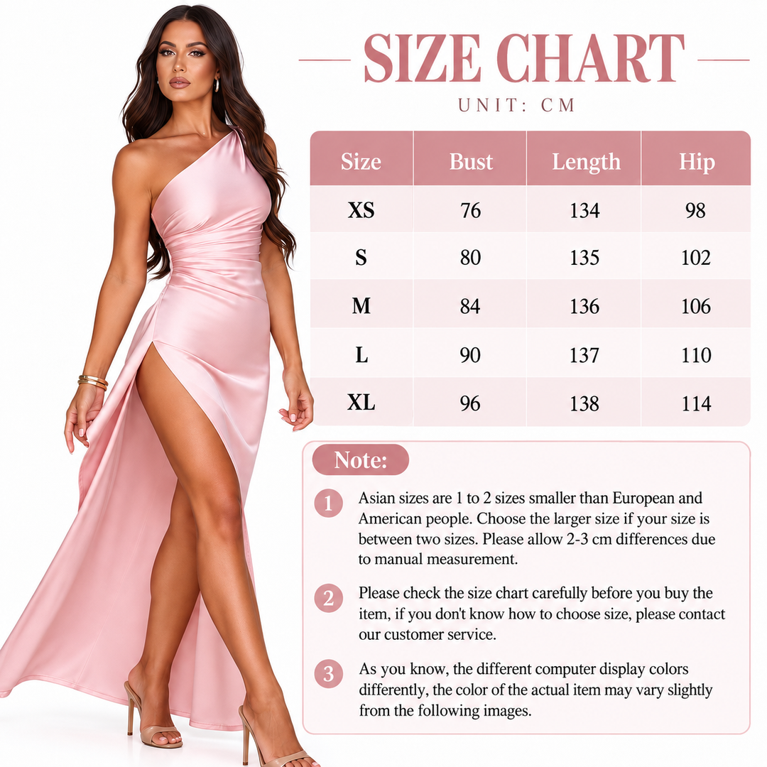 One shoulder satin dress size chart for XS to XL with bust length and hip