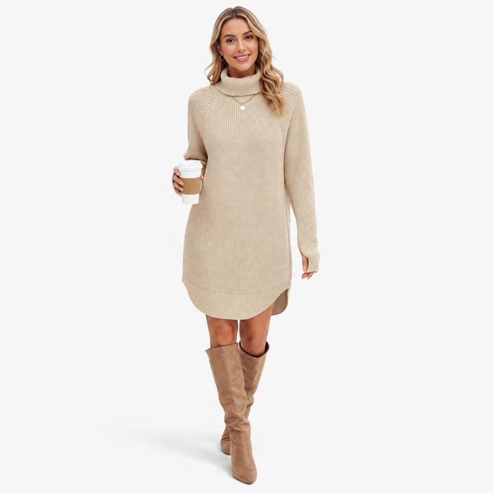 High neck dress for women in Apricot acrylic knit, shown on a model with long sleeves, pullover styling and open-cut details.